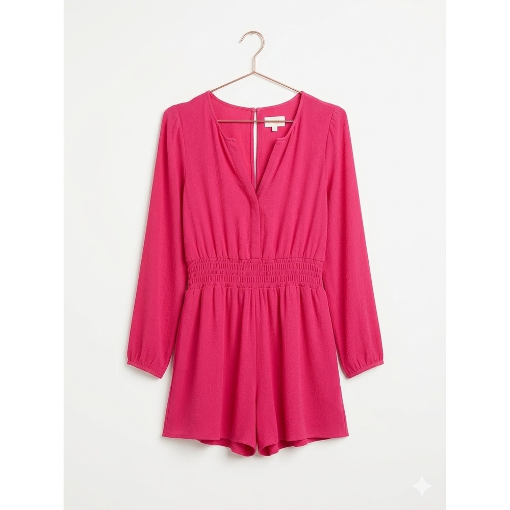 Anthropologie Romper Womens XL Pink Smocked Waist Long Sleeve V-Neck Crepe